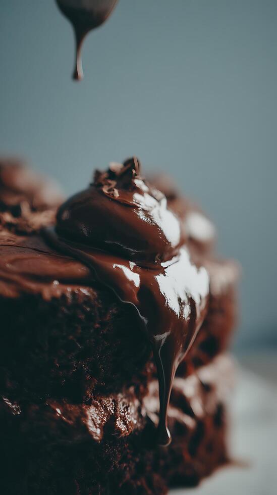 Close up of Chocolate Cake with Melted Chocolate Drizzling. A decadent dessert image perfect for food blogs and culinary websites. photo