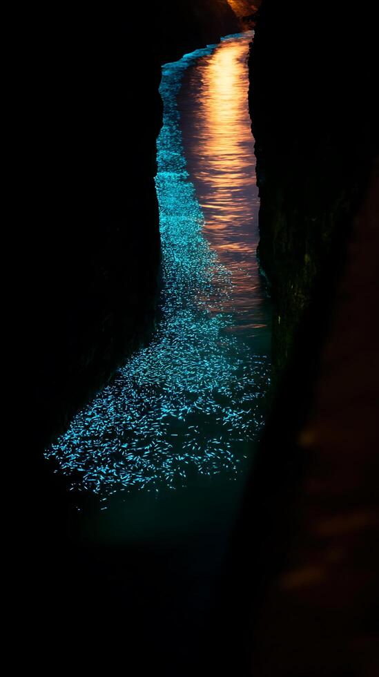 Bioluminescent Water Flowing Through a Dark Crevice at Night. photo
