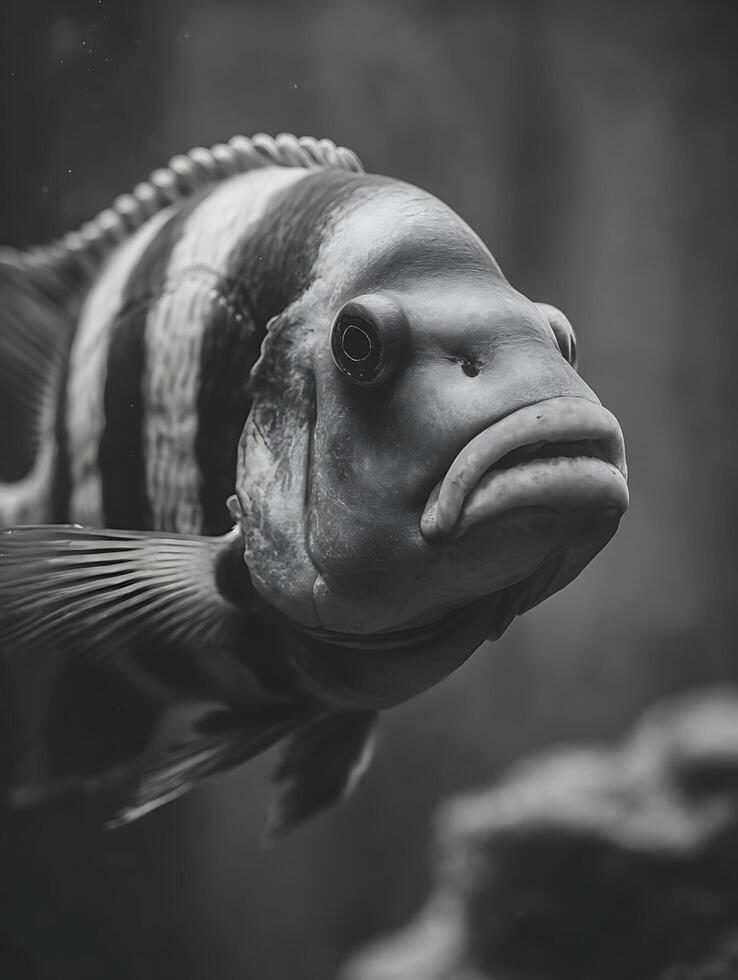 Monochrome Close Up of a Fish in an Aquarium, Showing Intricate Details and Texture. photo