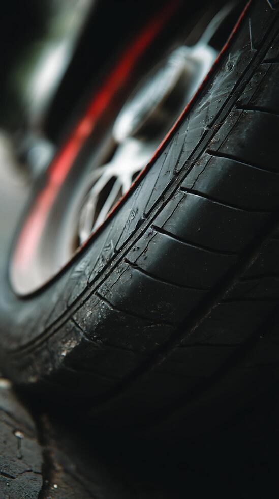 Close Up of a Worn Motorcycle Tire with Red Rim Detail. photo