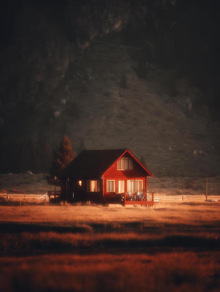 Illuminated Cabin in a Serene Sunset Meadow. A picturesque scene of a cozy red cabin glowing warmly against a dramatic sunset backdrop. photo