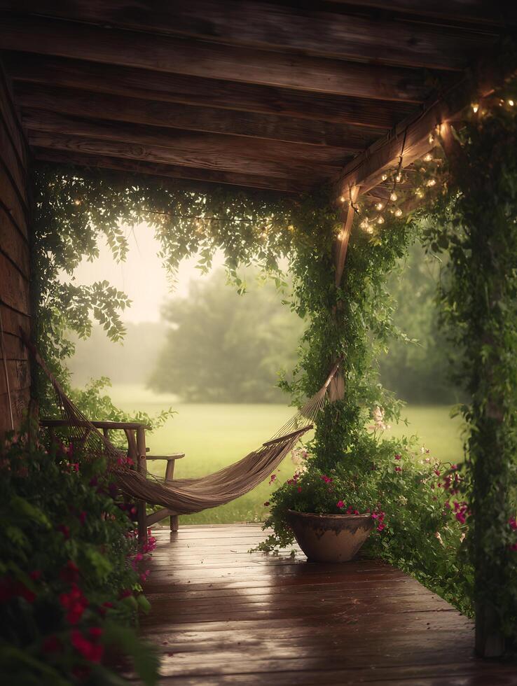 Serene Hammock on a Rustic Porch Overlooking a Misty Meadow. photo