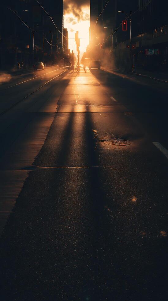 Golden Hour City Street Sunlight Illuminating an Urban Road. photo