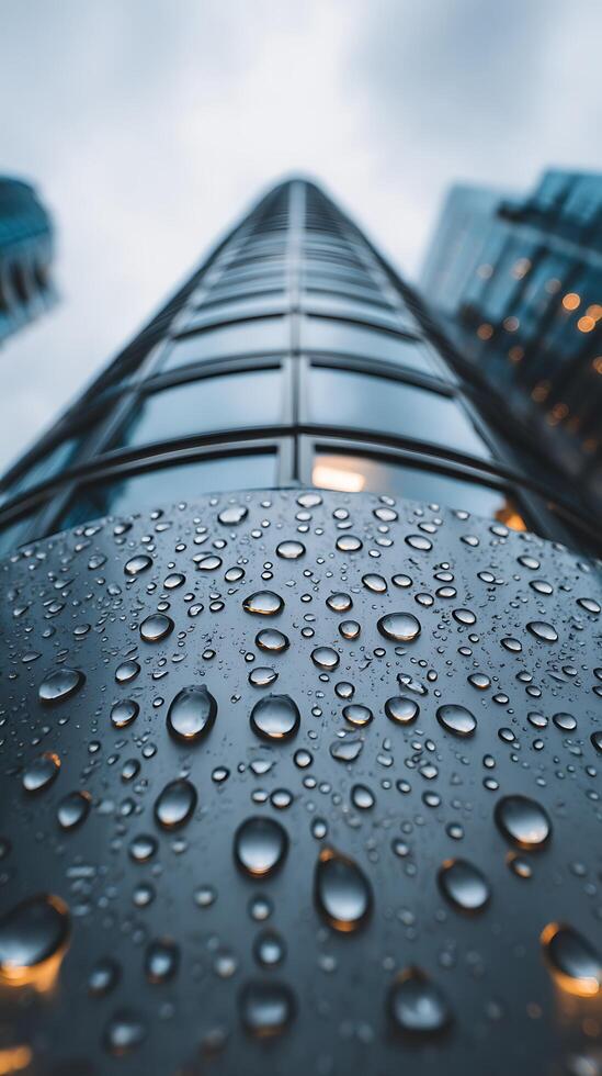 Rain Drops on Modern Building Exterior Close Up View of City Architecture. photo