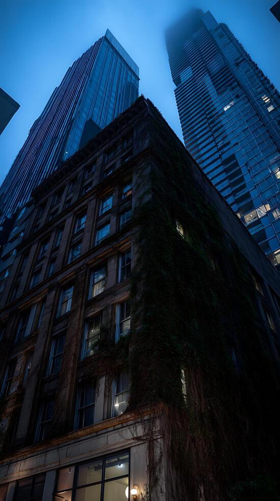 Old Building with Ivy Covered Walls Against Modern Skyscrapers at Dusk. photo