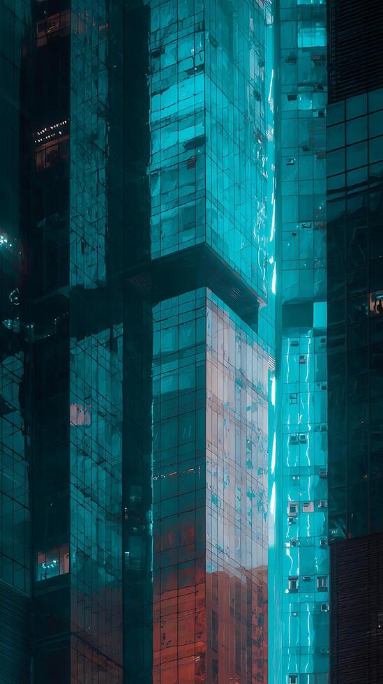 Teal and Amber Reflections on Modern City Buildings at Night. photo