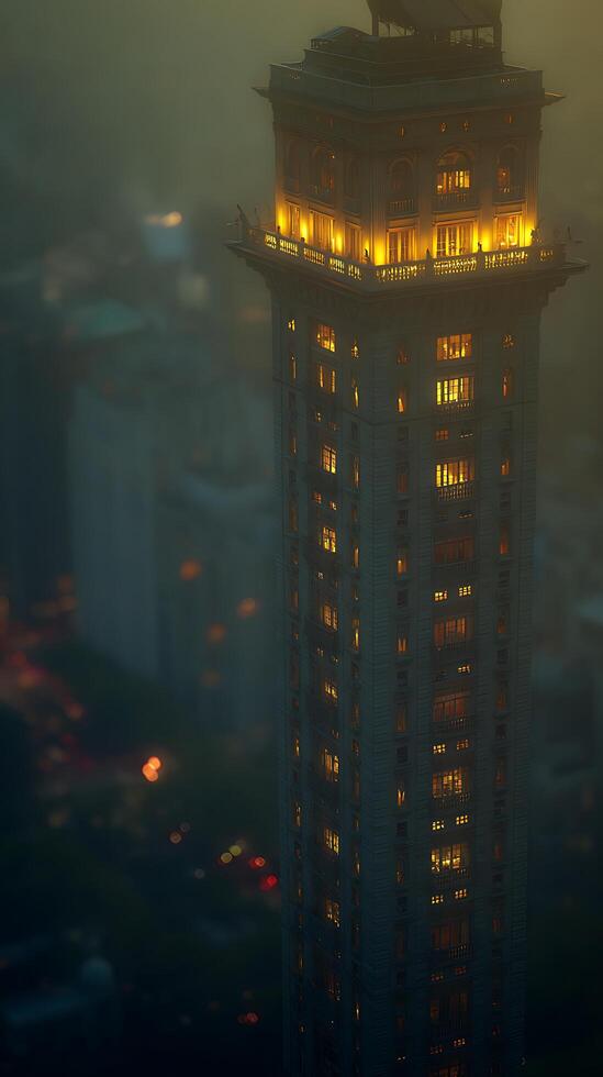Illuminated City Tower at Dusk A High Angle View of an Elegant Building. photo