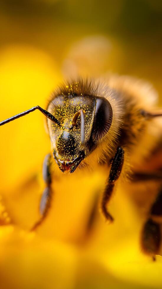 Close Up of a Honeybee Covered in Pollen on a Yellow Flower. A detailed macro photograph showcasing the intricate details of a bee's anatomy. photo
