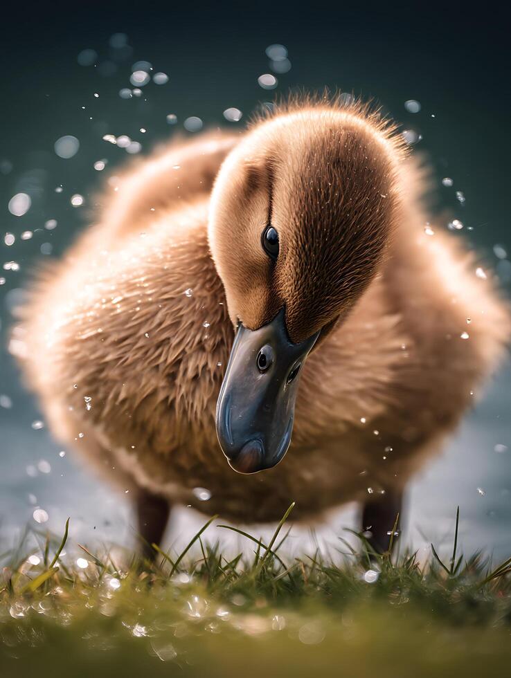 Adorable Brown Duckling Shaking Off Water, Close Up. photo