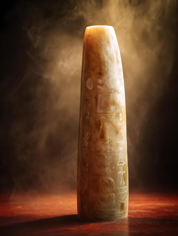 Ancient Carved Stone Vase with Mystical Symbols and Smoke Effect. photo