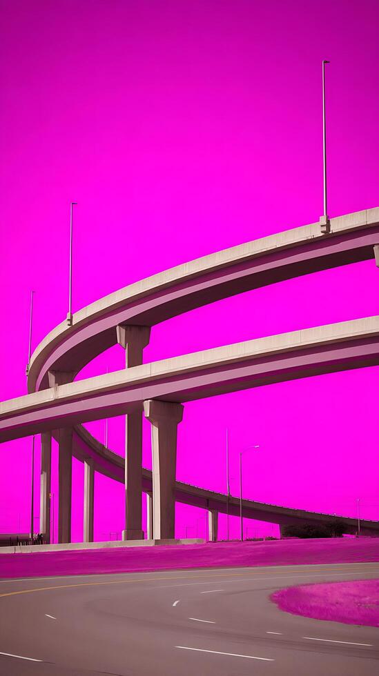 Abstract Highway Overpass Against Vibrant Pink Sky Modern Infrastructure Design. photo