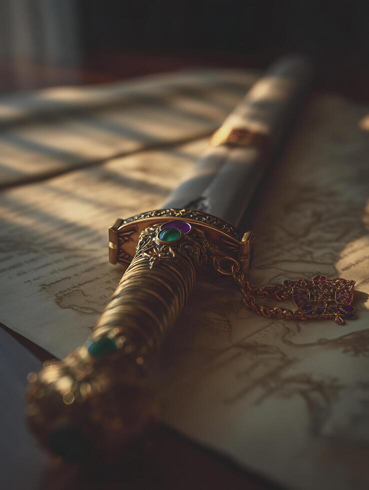 Ornate Gold Dagger Resting on Antique Manuscript Close Up Detail. A richly detailed image showcasing an antique-style dagger with precious stones, lying on an aged document. photo