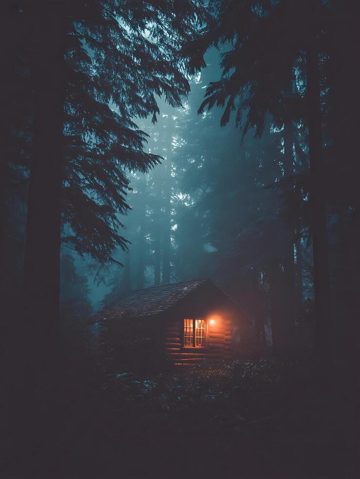 Illuminated Cabin in a Foggy Forest at Night. A lone cabin glows warmly amidst the dark, mysterious trees shrouded in mist. photo
