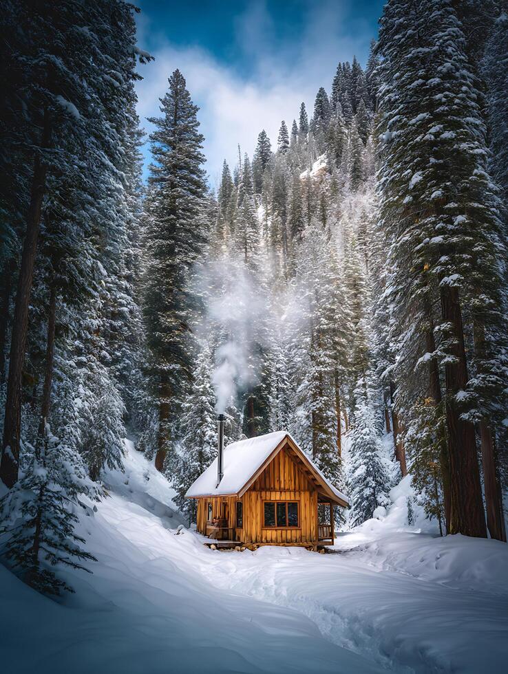 Cozy Wooden Cabin Nestled in a Snowy Winter Forest. photo