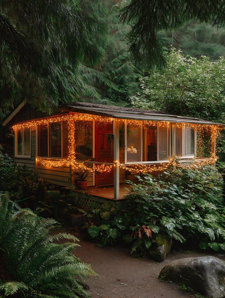 Cozy Cabin in the Woods at Night, Illuminated by Fairy Lights. photo