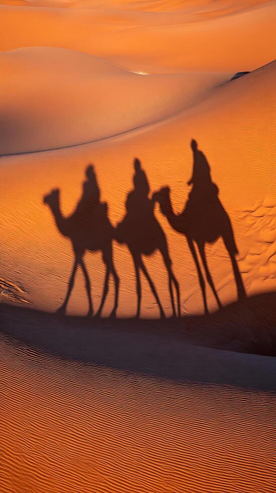 Camel Caravan Shadows Across Golden Sahara Dunes at Sunset. photo