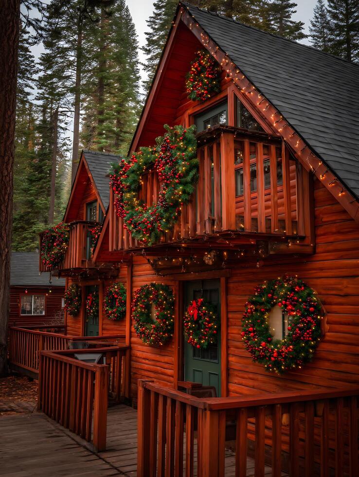 Festive Christmas Cabin in the Woods A Winter Wonderland Scene. photo
