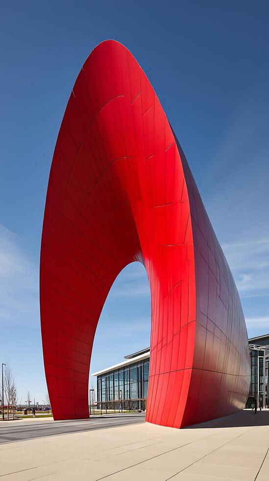 Modern Red Architectural Sculpture against a Blue Sky. A striking image of a contemporary art installation. photo