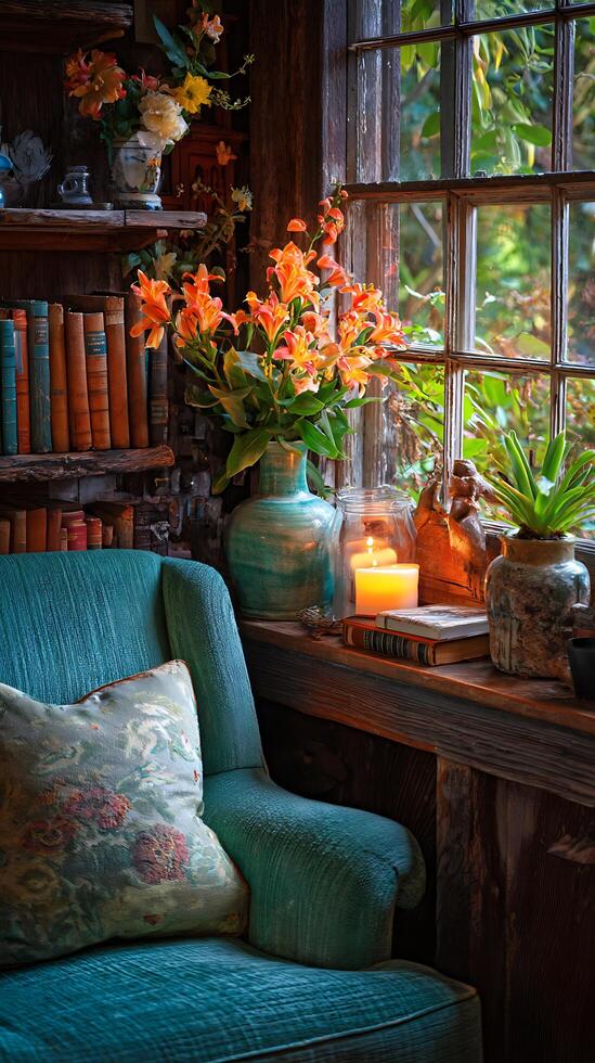 Cozy Cabin Corner Tranquil Window Seat with Flowers and Candlelight. photo