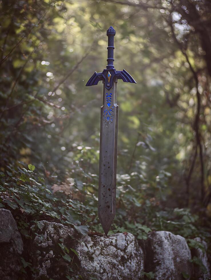 Master Sword Replica in a Mystical Forest Setting. A close up image of a fantasy sword resting on rocks, surrounded by lush foliage. photo