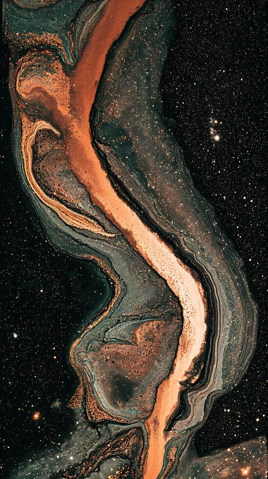 Abstract Cosmic Swirl Glittering Galaxy in Bronze and Teal Hues. photo