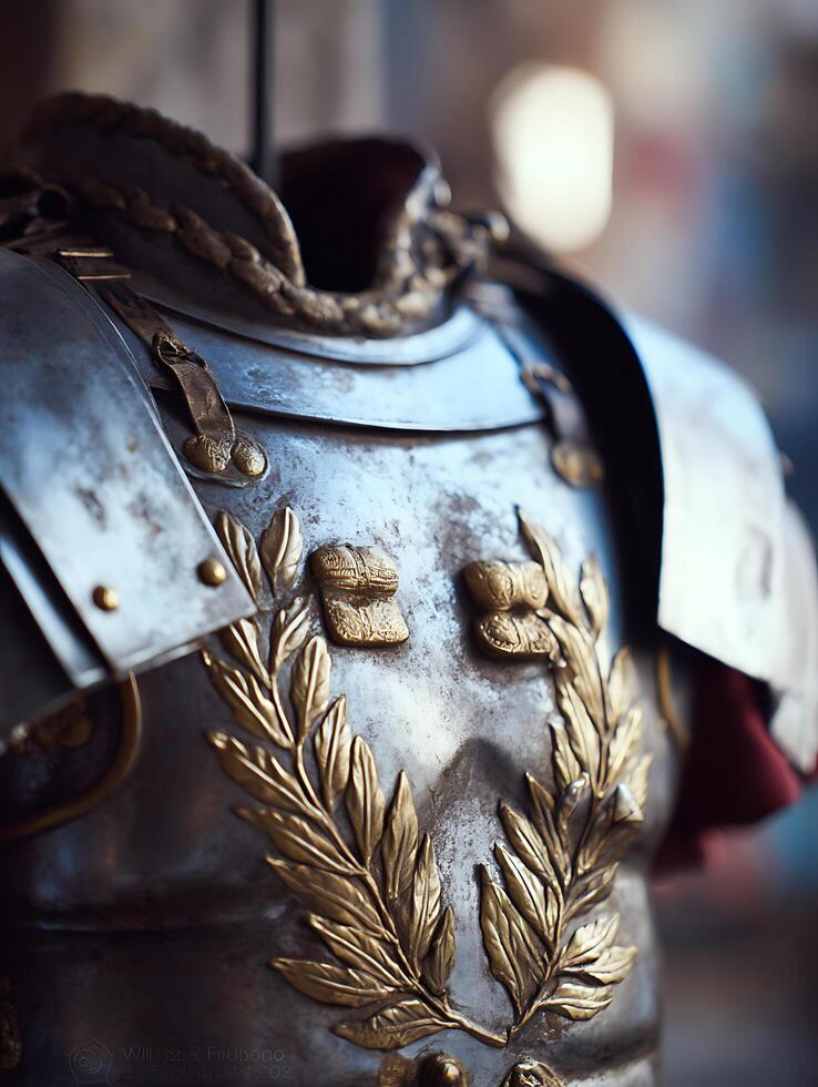 Close Up of Ancient Roman Armor Detail Intricate Gold Leaf Design on Metal Breastplate. photo