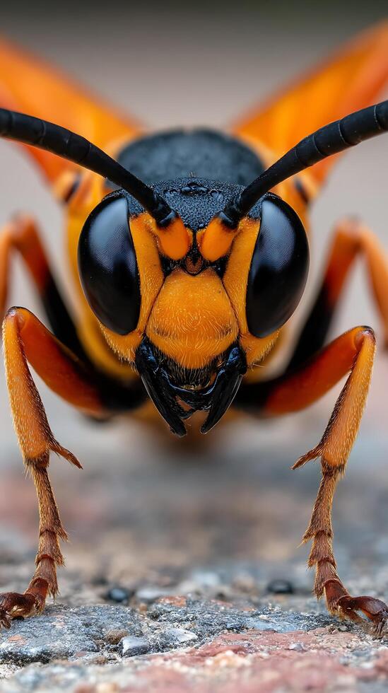 Extreme close up of a vibrant orange and black wasp, detailed insect photography. photo