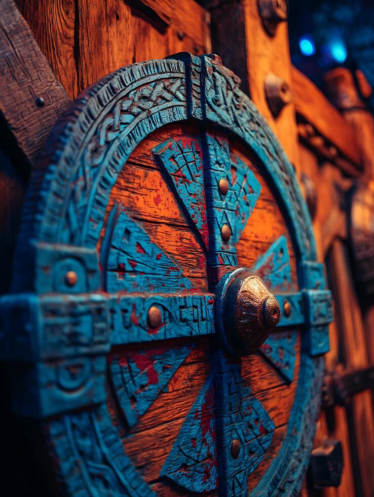 Close up of an Ornate Wooden Shield with Teal and Red Accents. A detailed image perfect for fantasy, historical, or gaming themes. photo