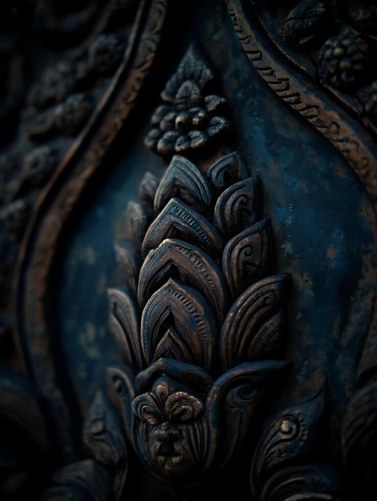 Intricate Carving Detail on Ancient Dark Stonework. A close up showcasing the artistry and texture of a weathered stone sculpture. photo