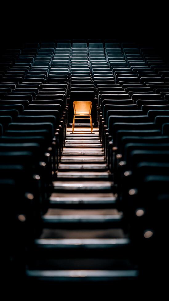 A Single Illuminated Chair in a Dark Auditorium A Concept of Solitude and Individuality. photo