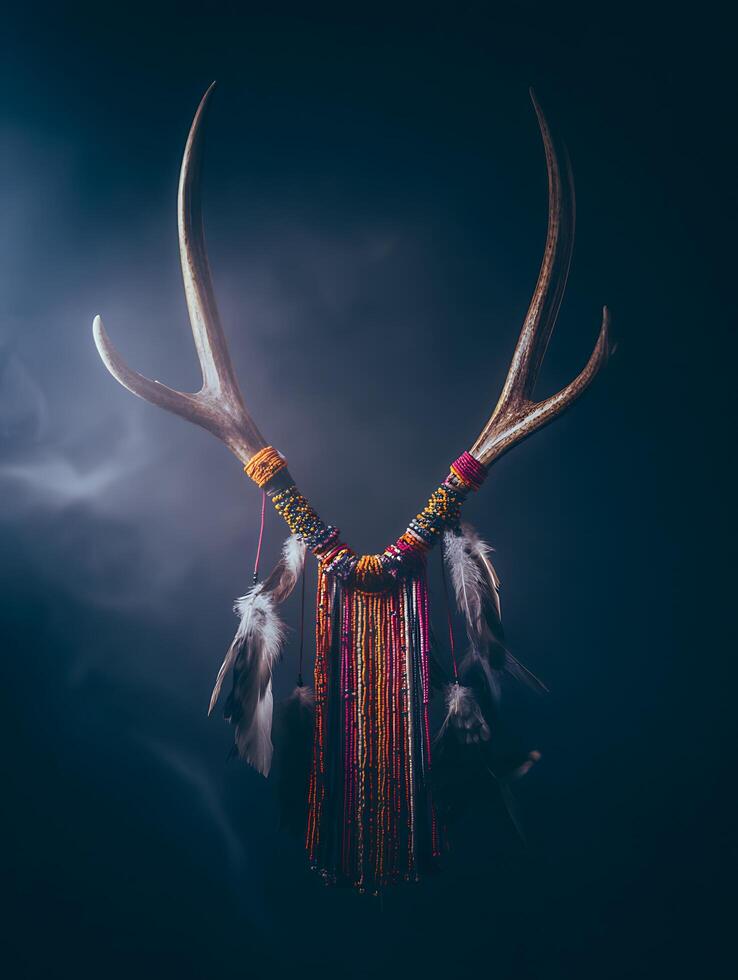Antler Dreamcatcher with Colorful Beads and Feathers. A close up image of a handcrafted dreamcatcher made from antlers, beads, and feathers. photo