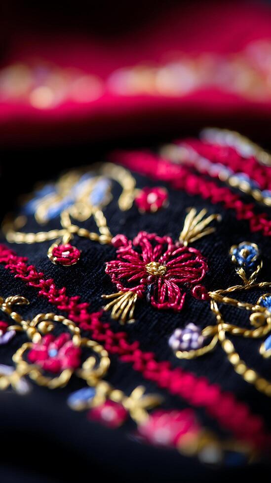 Intricate Floral Embroidery Detail on Dark Fabric. A close up showcasing vibrant red and gold stitching. photo