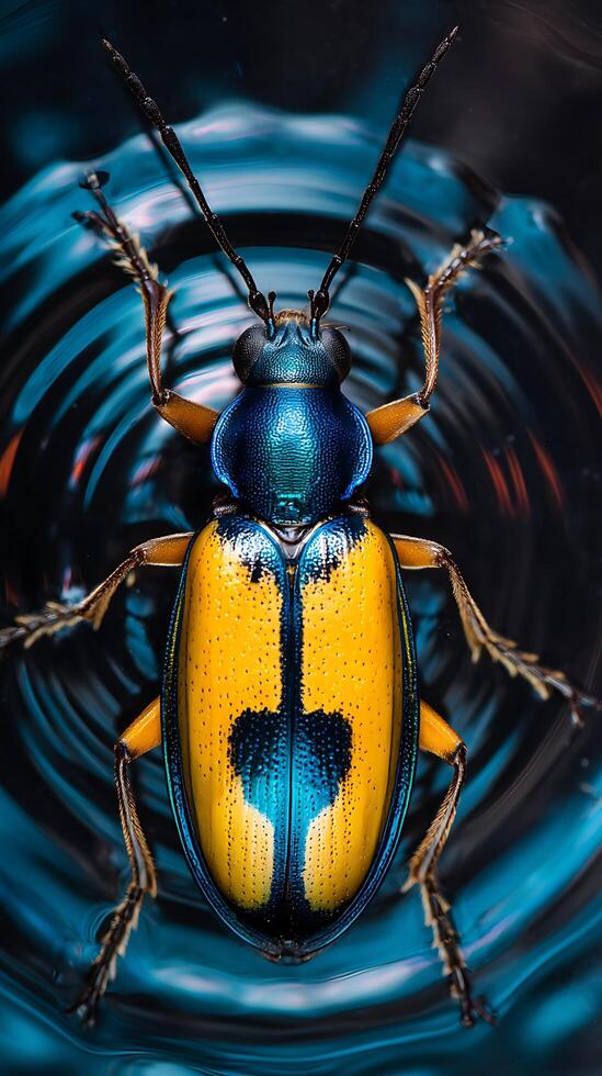 Striking Close Up of a Vibrant Yellow and Blue Beetle on a Dark Blue Surface. photo