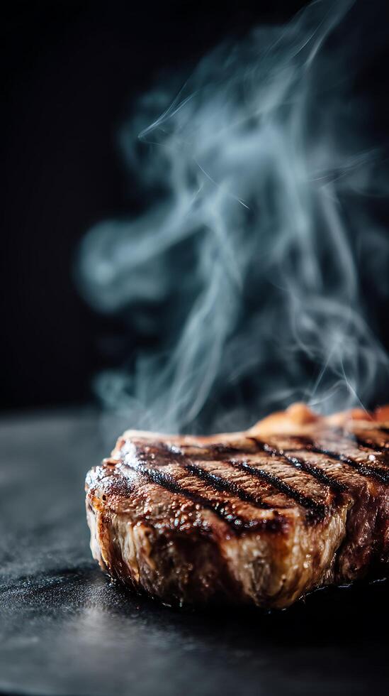Close Up of a Juicy Grilled Steak with Rising Steam. photo