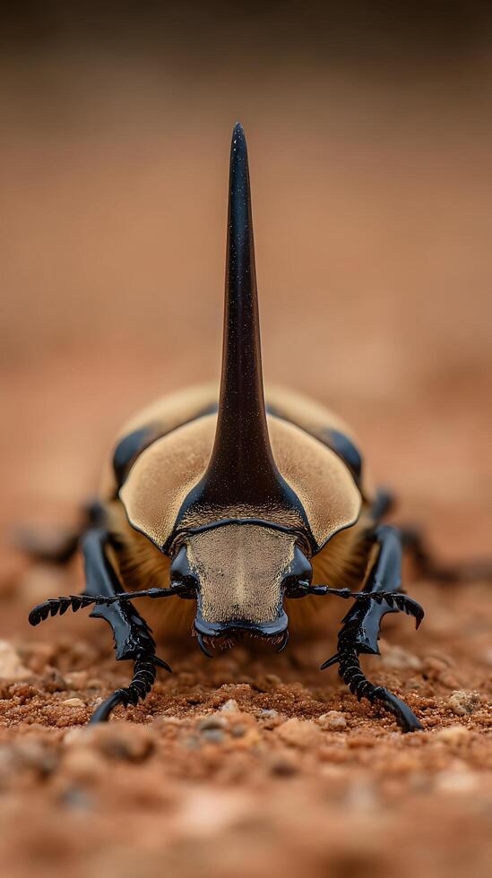 Close Up of a Rhinoceros Beetle on the Ground. A detailed macro photograph showcasing the intricate details of the insect's body and horn. photo
