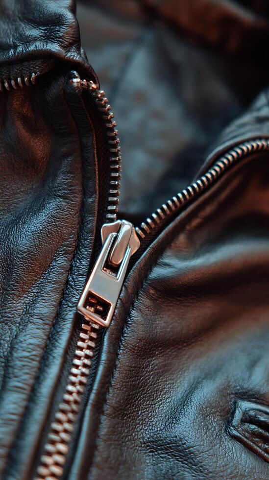 Close up of a Leather Jacket Zipper Detailed Texture and Metal Hardware. photo