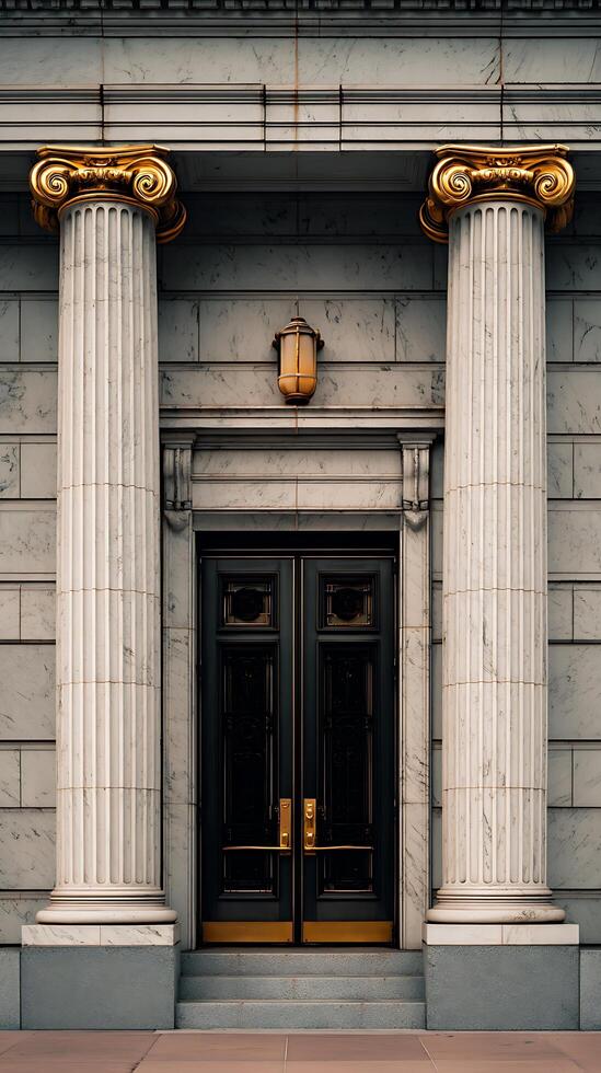 Elegant Entrance Grand Building with Ionic Columns and Dark Doors. photo
