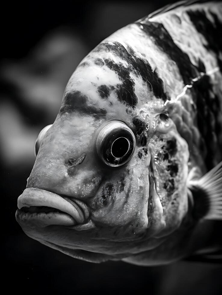 Close Up of a Striking Black and White Fish, Detailed Aquatic Life Portrait. photo