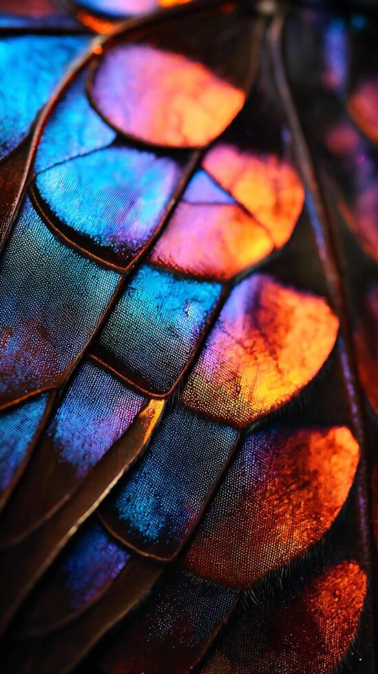 Close Up of Vibrant Butterfly Wing Scales, Detailed Texture and Iridescent Colors. photo