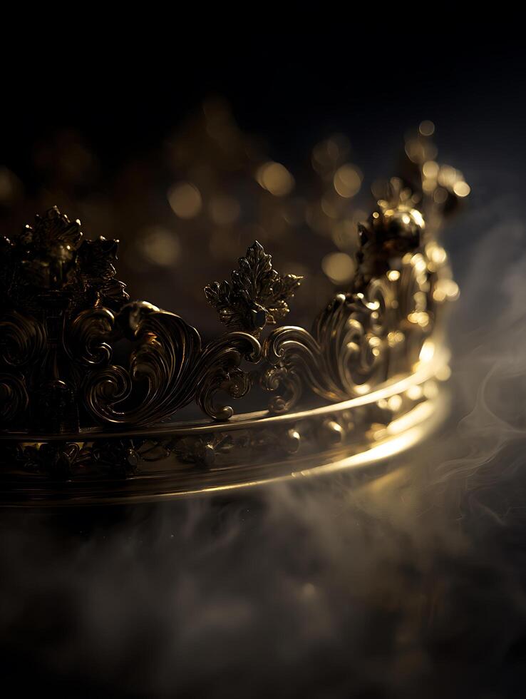 Close Up of a Golden Crown in Smoky Atmosphere. An ornate royal crown detailed with intricate carvings is shown in low light with smoke. photo