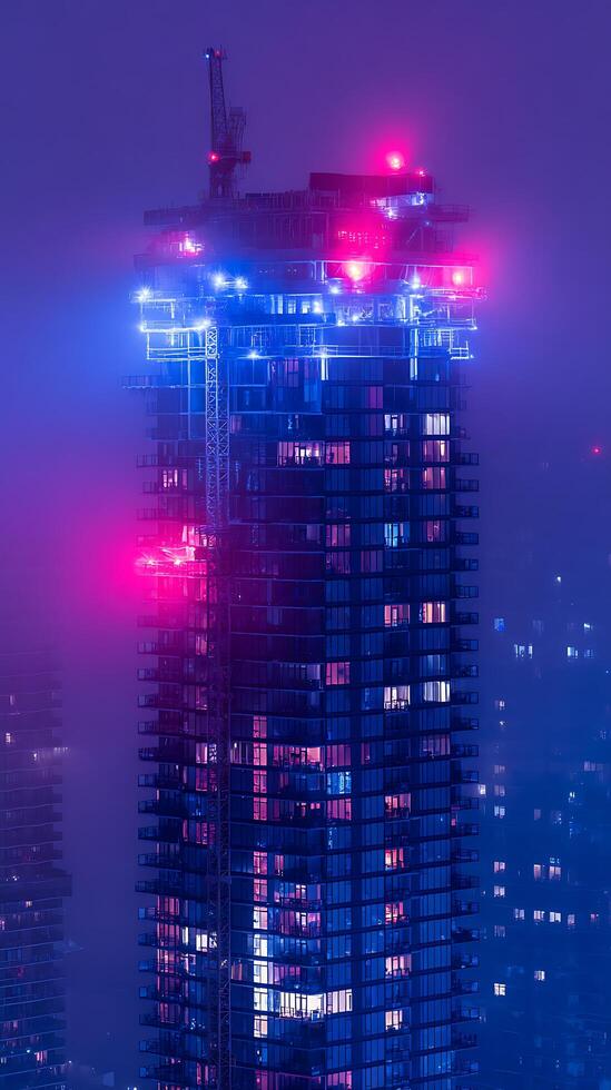Illuminated Skyscraper at Night A Modern Cityscape in Pink and Blue Hues. photo