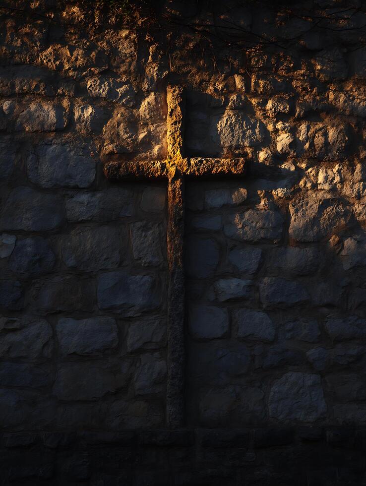 Stone Cross on Ancient Wall at Sunset. A close up view of a weathered stone cross affixed to a rustic stone wall, bathed in the warm glow of the setting sun. photo
