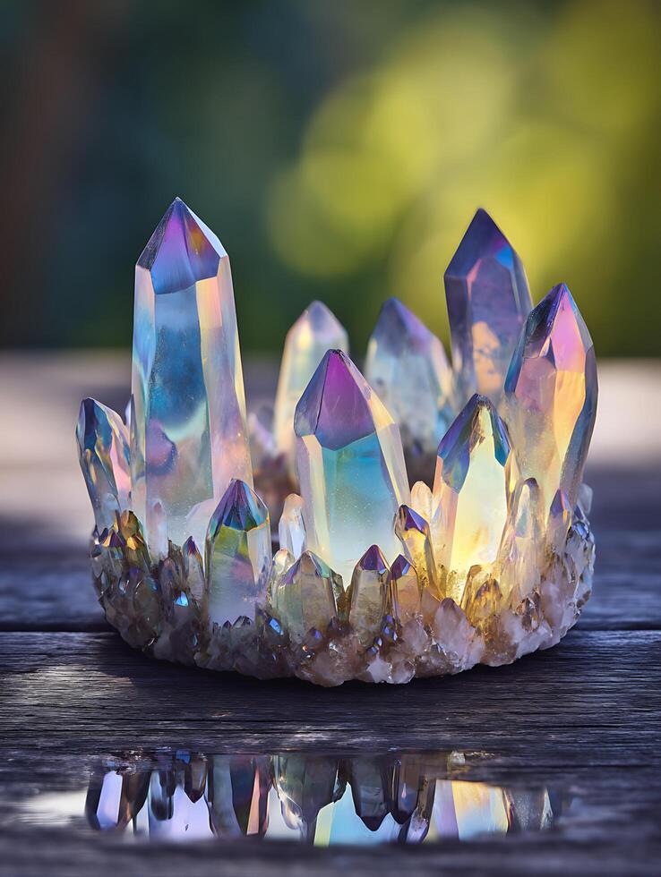Iridescent Aura Quartz Cluster on Dark Wood Surface with Reflection. photo