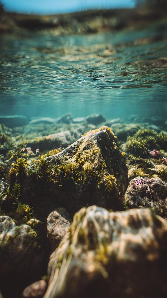 Underwater Scene Sunlit Rocks and Aquatic Plants in a Crystal Clear River. photo