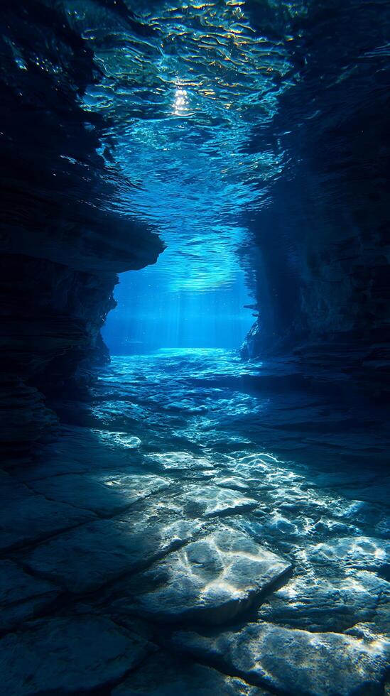 Underwater Cave Sunbeams Illuminate a Submerged Rock Formation. photo