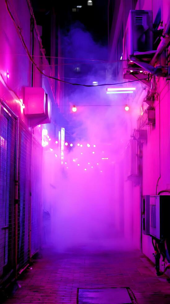 Enigmatic Purple and Pink Neon Alleyway at Night. A mysterious urban scene illuminated with vibrant lights and fog. photo
