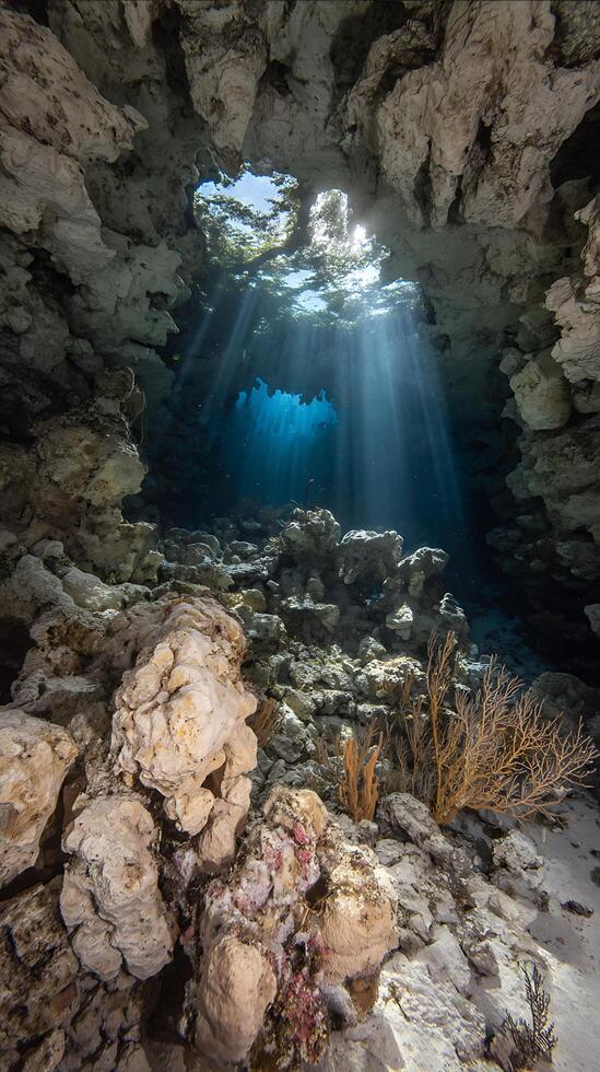 Sunbeams Illuminate Underwater Cave, Revealing Vibrant Coral and Rock Formations. photo