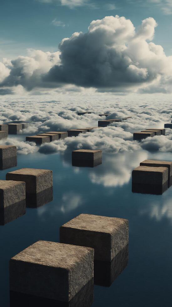 Stone Stepping Stones Across a Sea of Clouds Surreal Landscape. photo