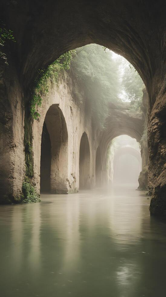 Serene Mist Shrouds Ancient Stone Archway Over Water. photo