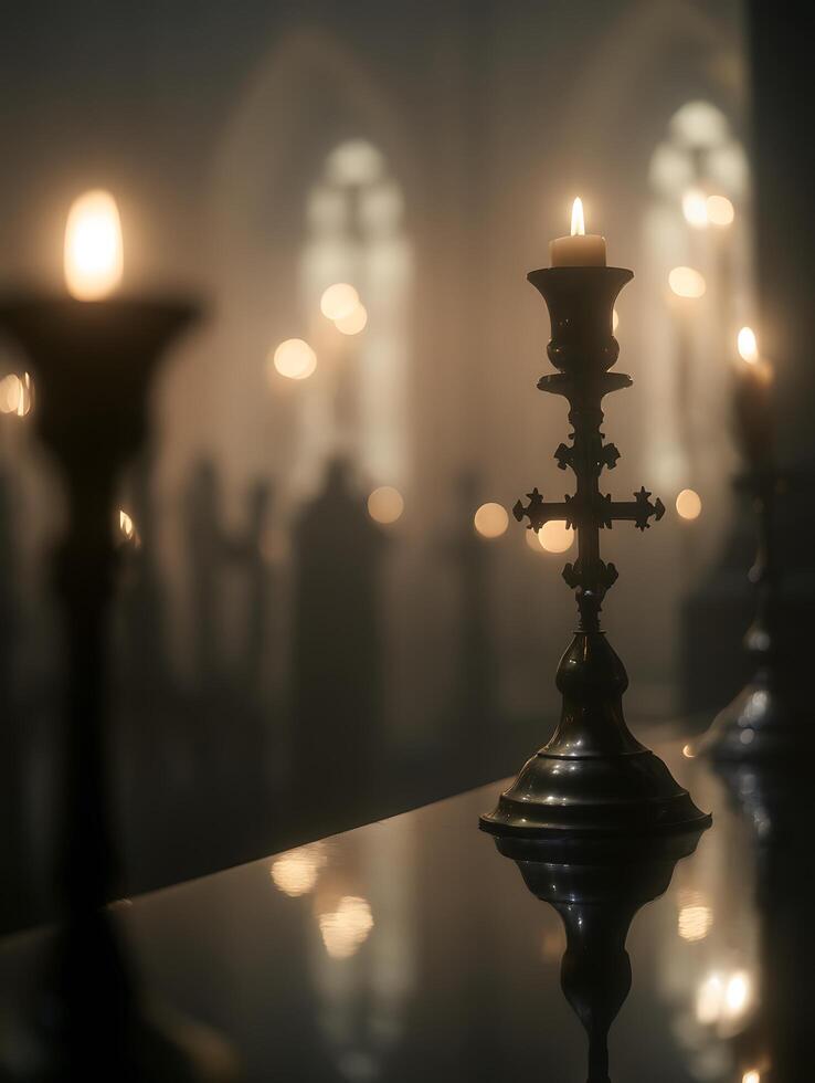 A Lit Cross Candle Holder in a Church Setting. The image showcases a close up of a religious artifact. photo